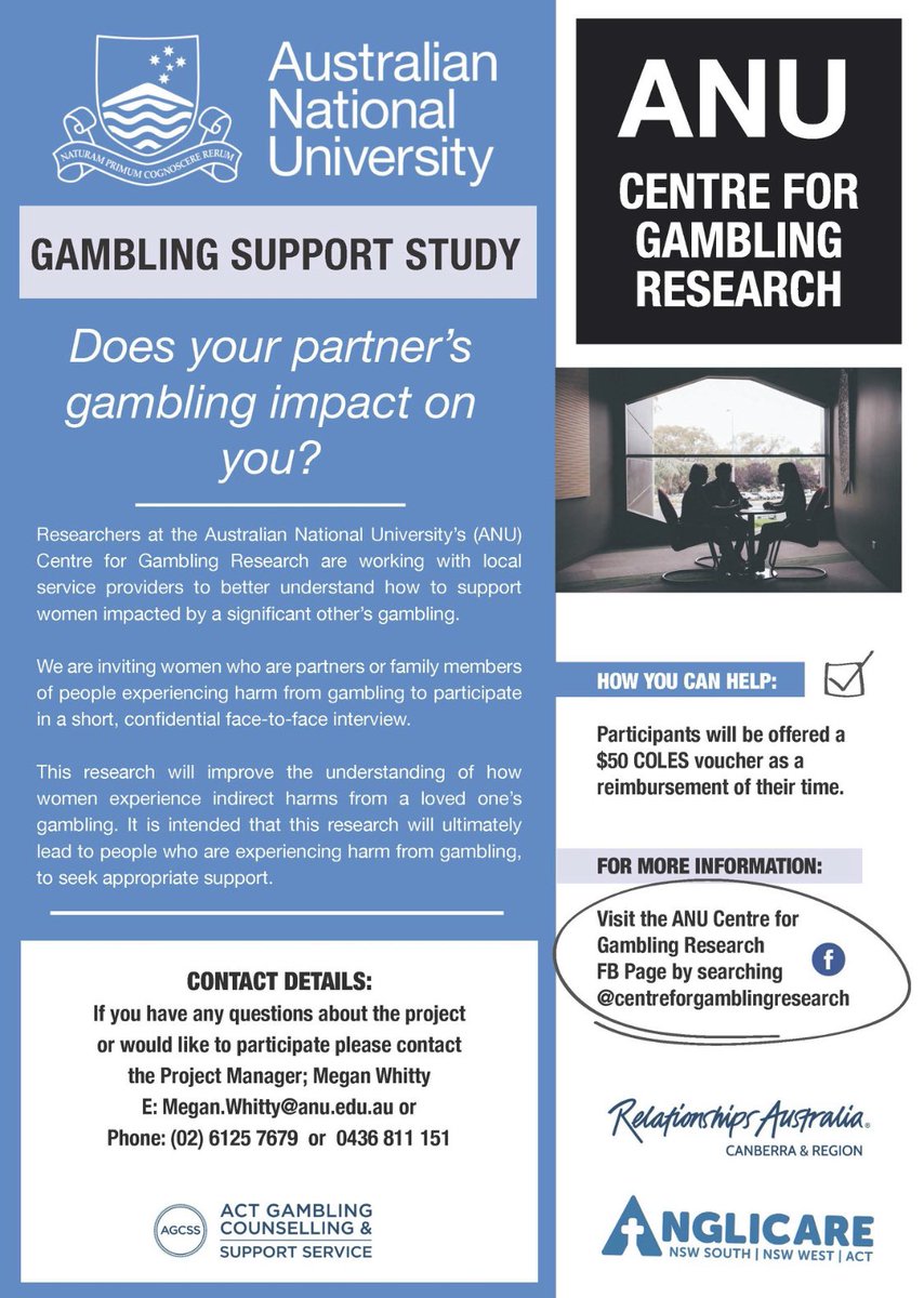 marisa_paterson's tweet photo. New project starting this week- the Gambling Support Study!! 😊 We are very keen to engage women in ACT and NSW - contact us @ANU_CGR if you are interested- all confidential. https://t.co/wLxT7apizm