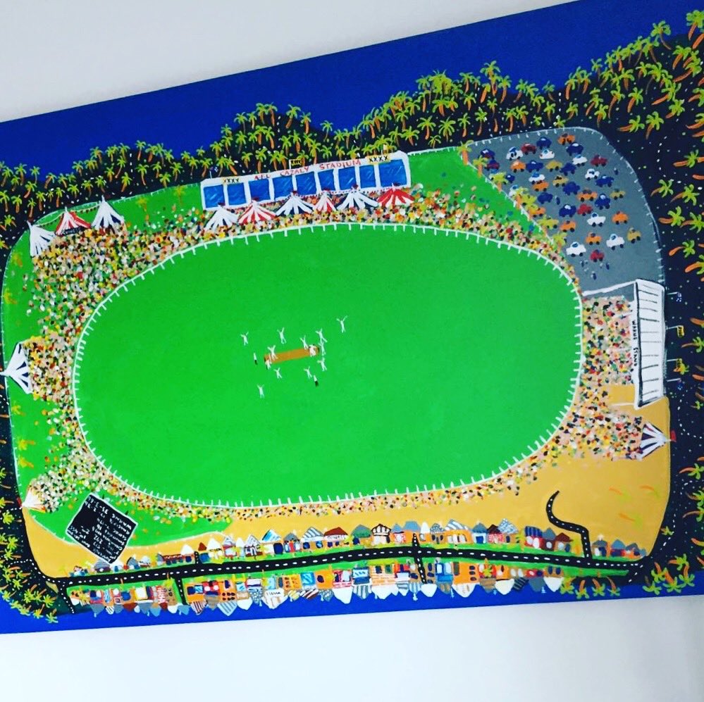 Lovely to see a photo of “Cairn’s Top End Test” 2004 in the clients home in Ireland. #Ireland #topendtest #naïveart #birdeyeview #decerteau #artography #deleuze #movementpedagogy #Cricket #Cairns #cazalystadium #outsiderart #selftaughtartist #topendtest #sportingart