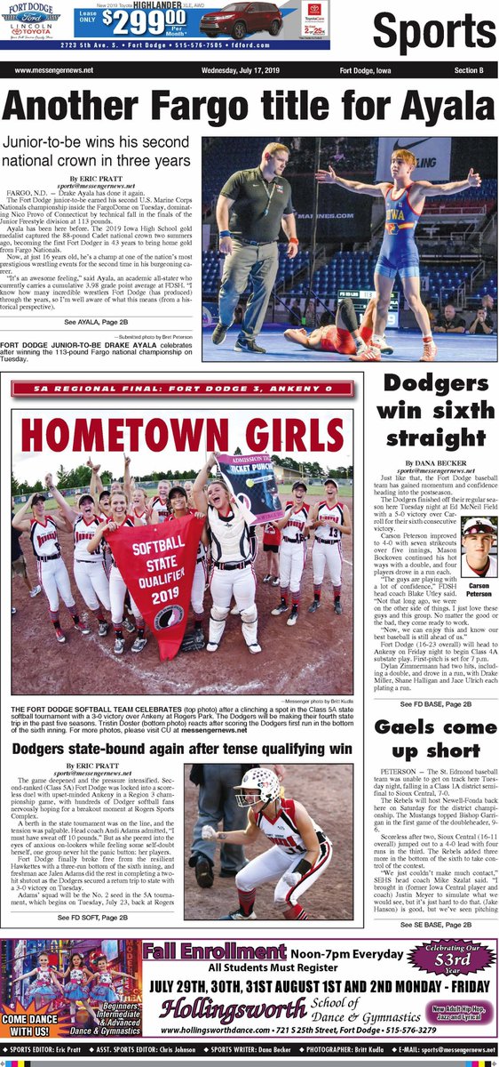 Check out Wednesday's sports section with the <a href="/FDCSD/">Fort Dodge Schools</a> softball team qualifying for state. <a href="/drakeayala38/">drake ayala</a> winning in Fargo. Also <a href="/fdshbaseball/">FDSHBaseball</a> and <a href="/SEGaels/">St. Edmond Catholic</a> baseball. Dodger softball photos by @Britt_Kudla @MessengerSports <a href="/DanaBecker/">Dana Becker</a>