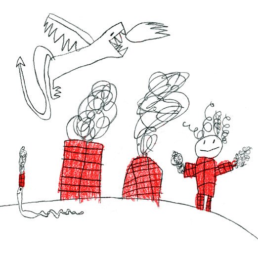 The #MonstersGo creative prompt for Friday July 19th: Redraw this view of #ChimneyLand in your own style!  It's a place inhabited by dragons, chimney-bodied kids, and chimney-hatted worms. Original drawing by Gracie at age 6...