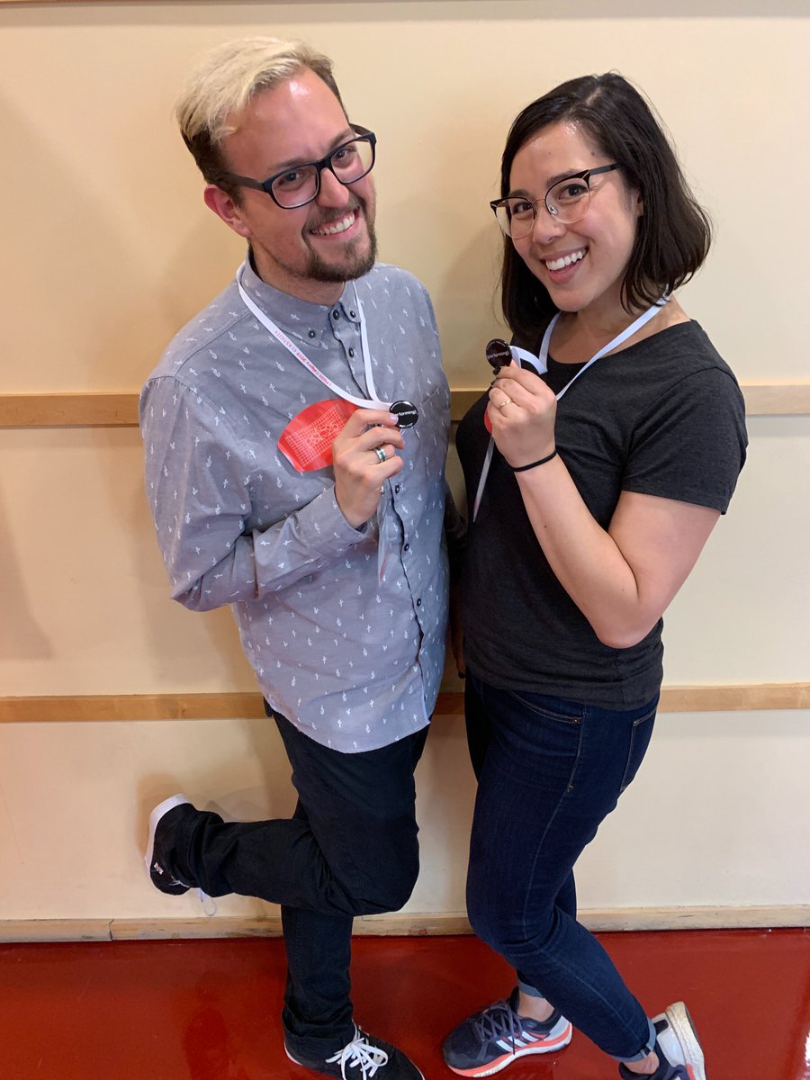 Salyer_Schaag's tweet photo. We're so grateful to @PerformingArtUC organizers for their support of our #PSi25 #PerformingElasticity project -- Bruce Barton, Pil Hansen, Nathan Pronyshyn, & the fabulous @zachinoprimo & @Jennar12 pictured here w/ their "(performing)" buttons -- as well as @PSinternatl team! ๐ https://t.co/Ic8C1voRiJ