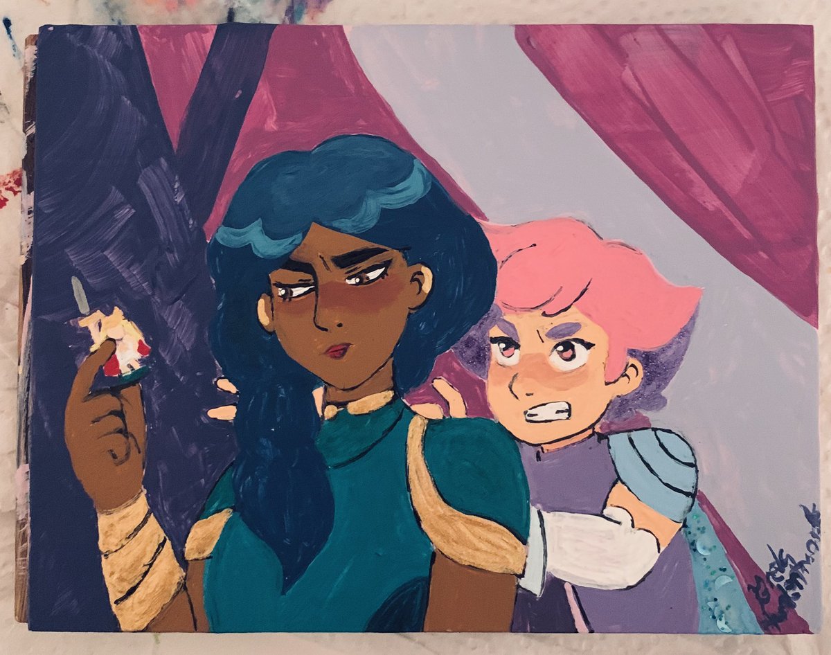 queenangella's tweet photo. Glimmer getting frustrated with Mermista in the Bright Moon war camp.  Painted on wood block with acrylics. #glimmer #Mermista #shera #SheRaAndThePrincessesOfPower #brightmoon #salineas @DreamWorksSheRa @SheRaMonth @Gingerhazing https://t.co/cqM046eAjX
