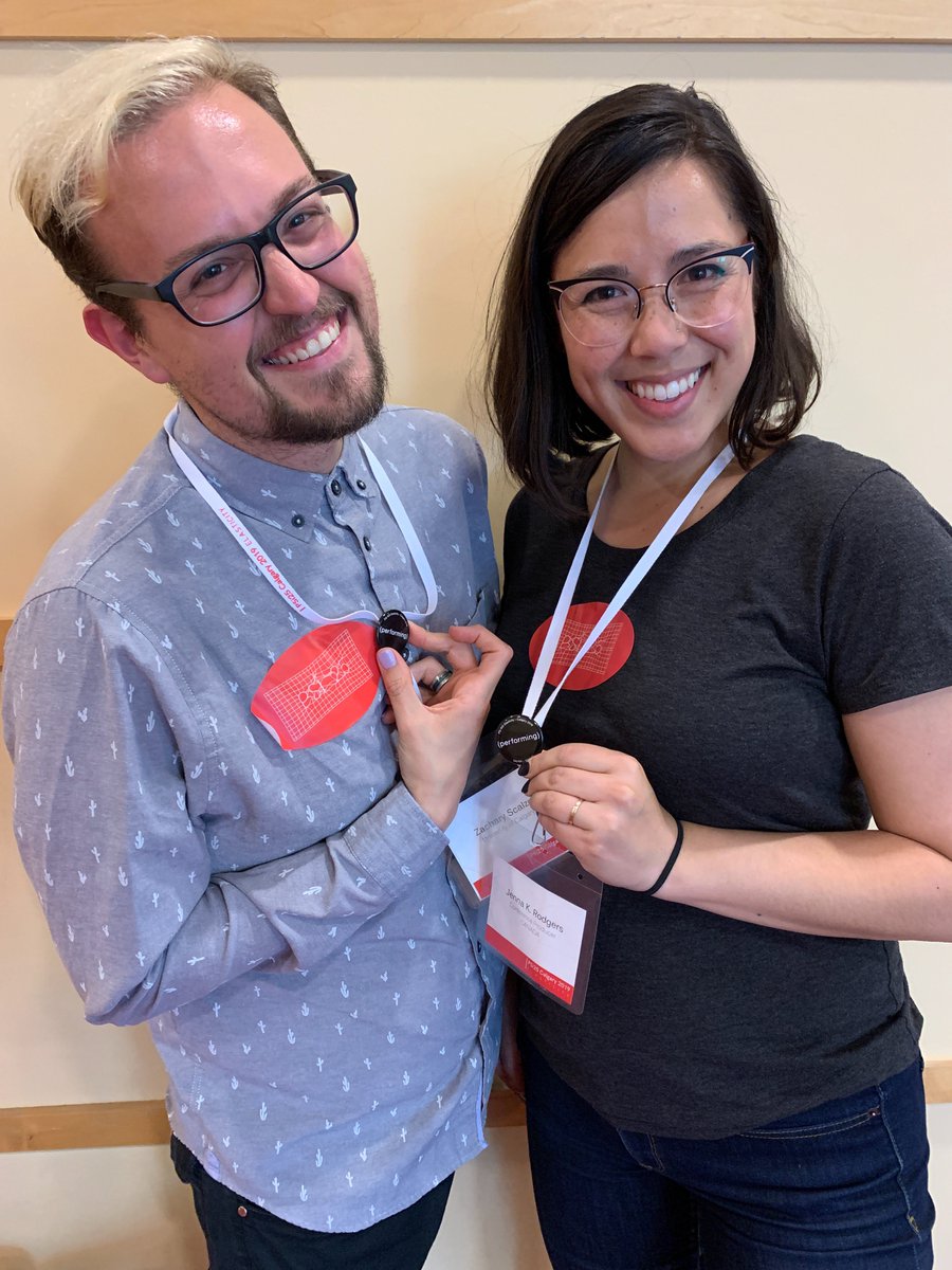Salyer_Schaag's tweet photo. We're so grateful to @PerformingArtUC organizers for their support of our #PSi25 #PerformingElasticity project -- Bruce Barton, Pil Hansen, Nathan Pronyshyn, & the fabulous @zachinoprimo & @Jennar12 pictured here w/ their "(performing)" buttons -- as well as @PSinternatl team! ๐ https://t.co/Ic8C1voRiJ