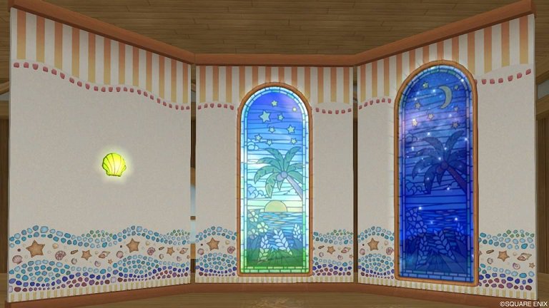 ポーチュラカ 夏イベの新作家具 １ 貝殻モチーフの便利な壁 さわるで変化するのは片面だけです ２ 貝殻 窓枠 上下の木枠は立体的 ３ 無人島ソファ さわるの変化無し 一人用です ４ 壁掛け真夏のブラインド さわるの変化なし 花と