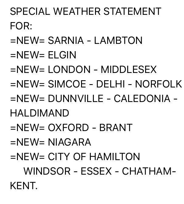 Jill777Taylor's tweet photo. Environment 🇨🇦 has these areas under Special Wx Statement re heavy duty downpours this morning (July17) Elsewhere showers, thunderstorms possible. It’s another very unsettled, muggy, tropical kind of day ⛈🥵 https://t.co/rMs6JFFMmH