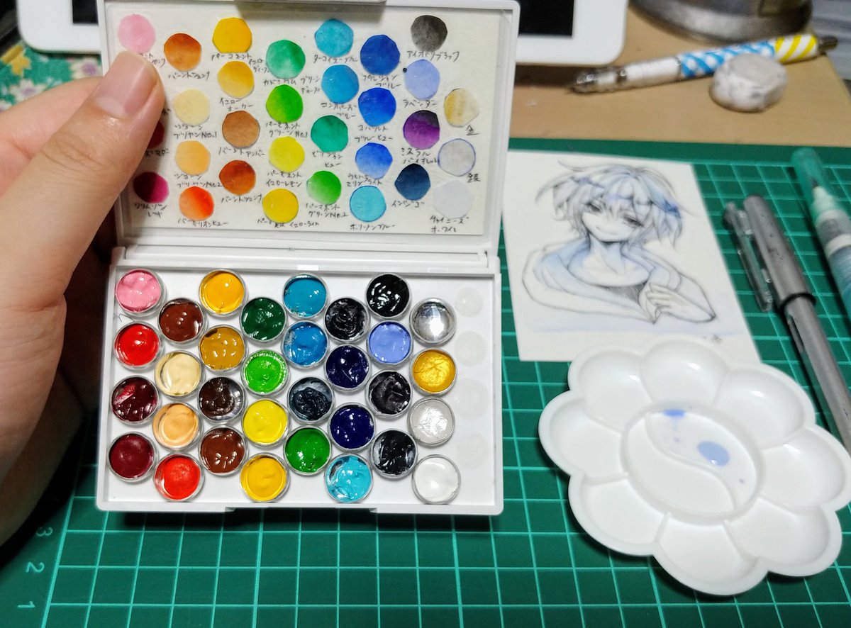 うと ちっちゃい物大好きっ子な私が 手の平サイズの絵の具パレットが欲しい って作ったカードケース型パレット 手頃なカードケースと あと100均のくるみボタン製作キットがあれば作れますよ