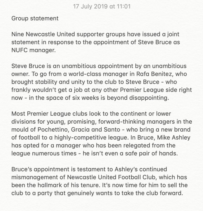 MagpieGroupNUFC's tweet photo. “Joint #nufc fan group statement in response to the appointment of Steve Bruce:
NB: Protest taking place tonight at Sports Direct Northumberland 6-7 and further plans to be announced soon” https://t.co/Fyko7vsnwa