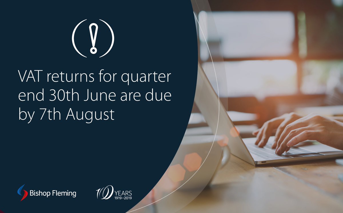 BishopFlemingUK's tweet photo. VAT returns for quarter end 30th June are due by 7th August. Make sure you register for #MTD no later than 29th July if you pay by direct debit and 2nd August if you don’t. For more information on Making Tax Digital, visit our website: https://t.co/Npo8CYYM0k https://t.co/thqYlPUmoL