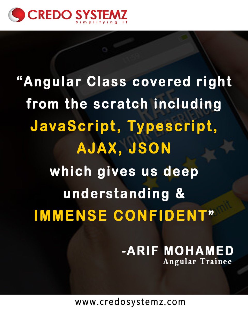 credosystemz's tweet image. "The customer's perception is your reality"
Angular 8 Certification course reviews posted by our trainee Mr. Arif Mohamed.
More Reviews: bit.ly/2JXFhdp
Course Content PDF: bit.ly/2XSMOPA
To Know More: +91 9884412301 / 9600112302
#AngularCourse #CredoSystemz
