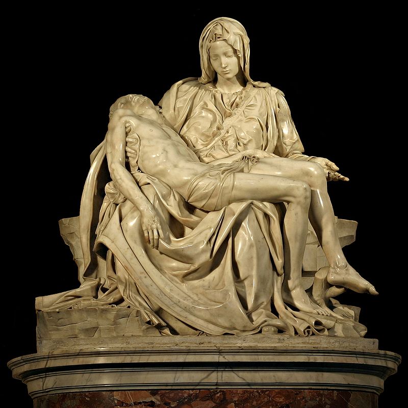Pieta means "pity". And the image is meant to make the viewer feel precisely that. Pity for the dead Christ, as his corpse is draped across Mary's lap. here's another REALLY famous pieta. The one by Michelangelo, from the Renaissance.