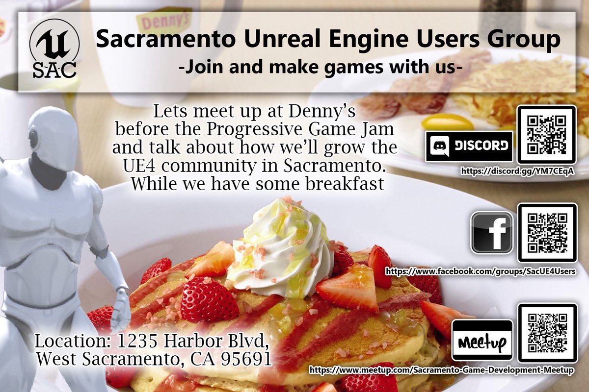 Don’t forget our next #meetup is this Saturday. Let’s fill up at Denny’s and talk about how we can grow the #UE4 community here in @selectsac before we #GameDev and make some #indiegames at  <a href="/PGJSacramento/">Progressive Game Jam</a> hosted by <a href="/sacgamedevs/">Sacramento Game Devs</a>