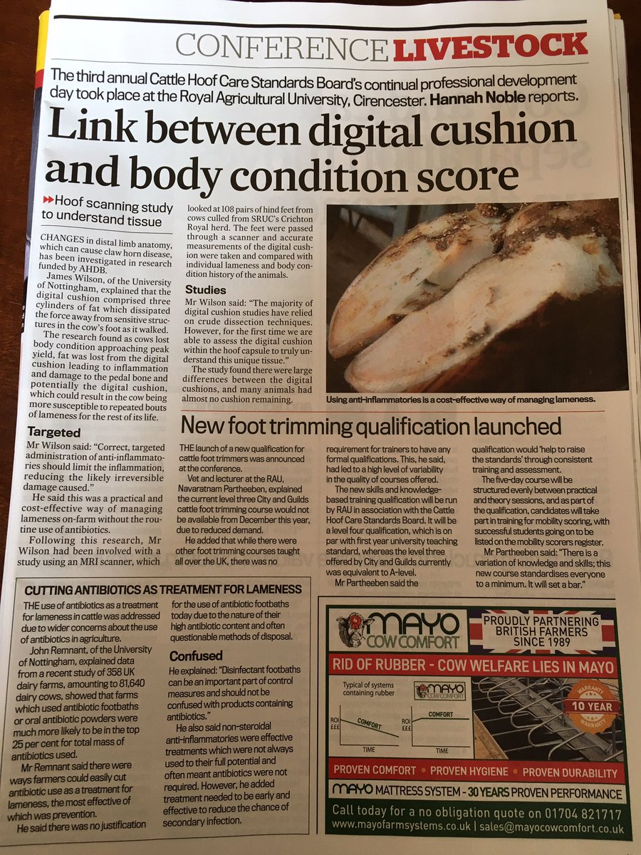 Great piece in @FarmersGuardian from our #CPDDay incl @J_Remnant & @jameswilsonSB talks on their @herdhealth research as well as the launch of our new trimming qual in partnership w @RoyalAgUni #healthyfeet (photo not one of ours!)