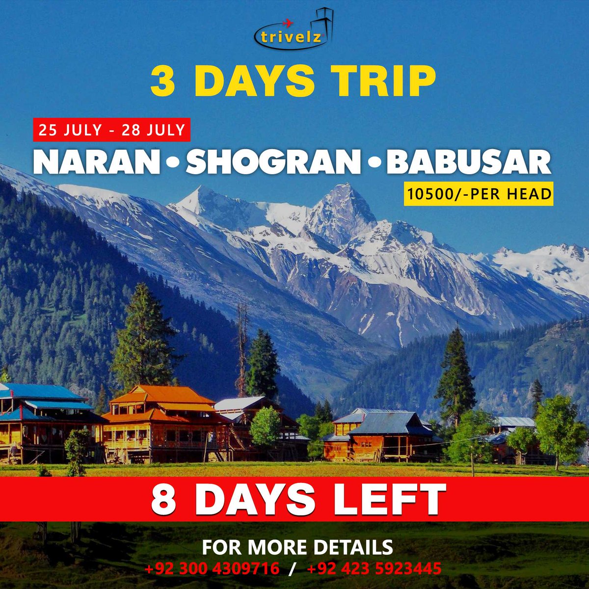 What are you waiting for? Book your seats now because only 8 days left for the Naran, Shogran and Babusar trip!
📱 0320-1010019, 0336-4309716, 0300-4309716
#VacationsPlan #Trips #Tourism #pakistan #pakistantourism #travelandtourism #worldtour #vacations #holidays