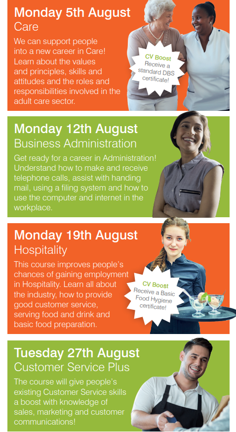 Would you like to upskill and improve your qualifications? 

We have these courses coming up in August all designed to help boost your CV! 

Interested? Message us or call 01472 898065 to sign up.  

#VirtualJobFair #Grimsby