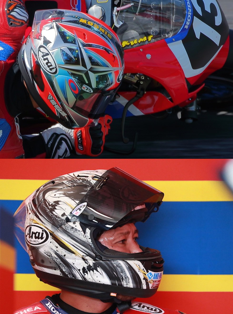 アライヘルメット Arai Helmet アライ契約ライダーのシールドに貼られている R75 ステッカー スポンサーロゴではありません 丸く滑らかな帽体表面で 衝撃をかすらせる アライが重要と考える かわす性能 を意味したステッカーです 貼っているのは