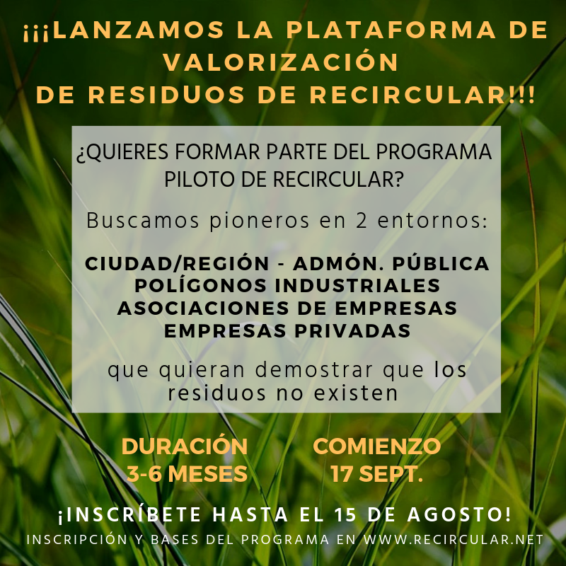 recircular_net's tweet photo. ¡Estamos encantados de anunciar que el *17 de septiembre* lanzamos nuestra #plataforma online!

¿Quieres participar en nuestro #programa #piloto #pionero de valorización de residuos? ¡Inscríbete ht el *15 de agosto*! 👉 https://t.co/EtWCLSWhUS

Bases 👉  https://t.co/2dW0R0FTDh https://t.co/YoF0o2czil