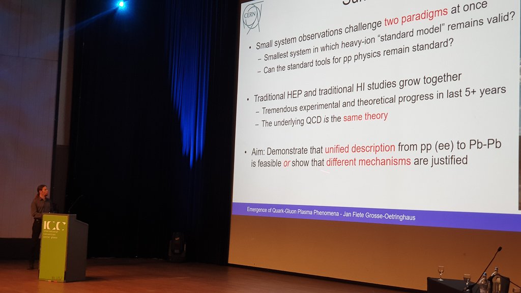 Jan Fiete Grosse-Oetringhaus summarises advancing knowledge on Emergence of Quark-Gluon Plasma Phenomena in the Heavy Ion Physics session #EPSHEP2019 
indico.cern.ch/event/577856/t…