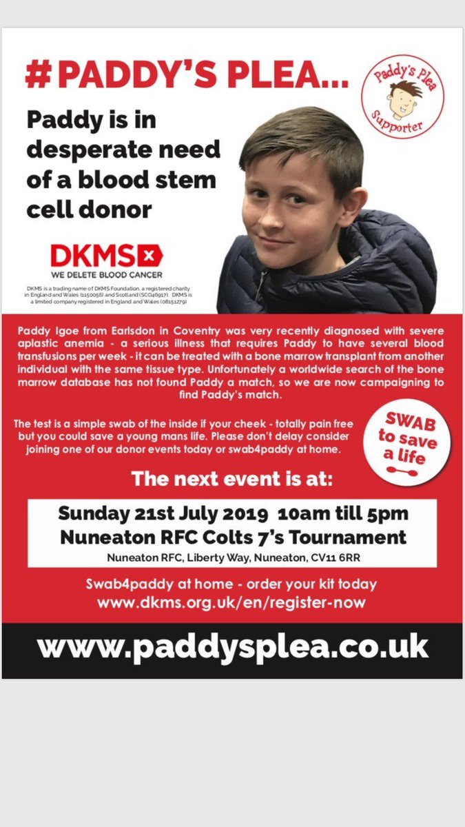 7sColts's tweet image. Running alongside our Nuneaton Colts 7's Tournament is a Paddy's Plea swab day in support of this brave young man, recently diagnosed with aplastic anemia, requiring several blood transfusions per week.
