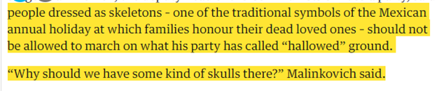 23/OF course, it looks like fun from media promotions, but even the Russian govt had concerns. They called it occult, cancelled Anima’s Day of the Dead parade on Red Square near the “hallowed ground” of Lenins grave. Told them to move it indoors.  https://www.theguardian.com/football/2018/jun/29/mexico-day-of-the-dead-parade-moscow-cancelled-lenin