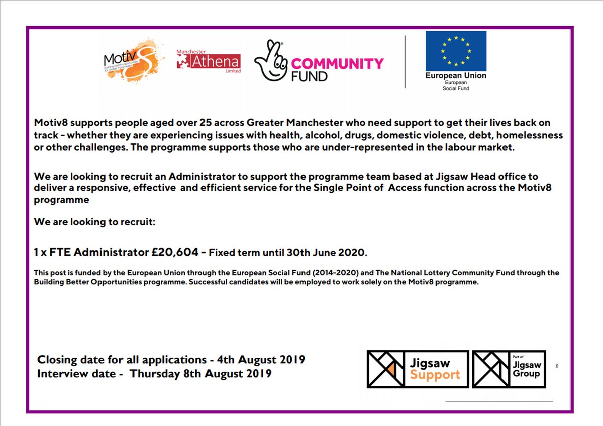 Would you like to join the #Motiv8GM team to help people get back on track? We currently have a vacancy for an Administrator. Closing date 4th August. See link below for further details 
#BuildingBetterOpportunities #TNLComFundESF <a href="/TNLComFund/">The National Lottery Community Fund</a>
careers.jigsawhomes.org.uk/109/view