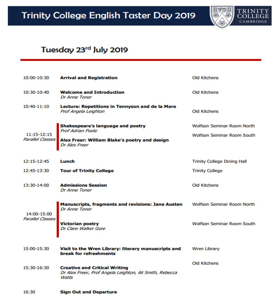 We still have spaces on our Year 12 English Study Day on Tuesday 23rd July here at Trinity College, Cambridge! 

Travel costs reimbursed + lunch provided! Sign up via the link here, places on a first-come, first-served basis: bit.ly/2LnCpcH and see the timetable below!📚