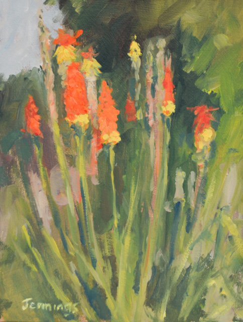 Red Hot Pokers. A fun pochade oil sketch measuring 8x6”. Available unframed from my website sarahjenningsartist.com/gallery_707298… Have a sunny day! ☀️ 😎 
#art #contemporaryart  #oilpainting #minipainting #pochade #summer #garden #redhotpoker  #shopstamford