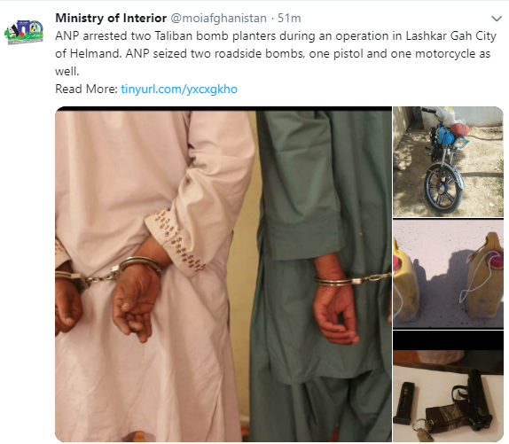 gowharbegom's tweet photo. #ANP captured 2 #Taliban bomb planter with two bombs pistols and motorcycle n #Lashkarga #Helmand. #Taliban bomb has killed many civilians constantly. #Talibanloss #Talibanfailed #alfathfailed https://t.co/6KF8cmMLVm
