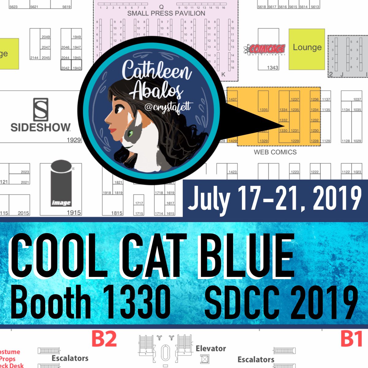 cathleenabalos's tweet photo. #SDCC2019 IS HERE!! 🙌😎 Come say hello to me and my friends @redinkedpanda and @uniquerealm at the #CoolCatBlue booth #1330 (in the webcomics section)!😄 I will have my newest art prints and merchandise for sale! Check it out! #crystafett #cathleenabalos #sdcc #comiccon2019 https://t.co/4VMLYTZ0oW