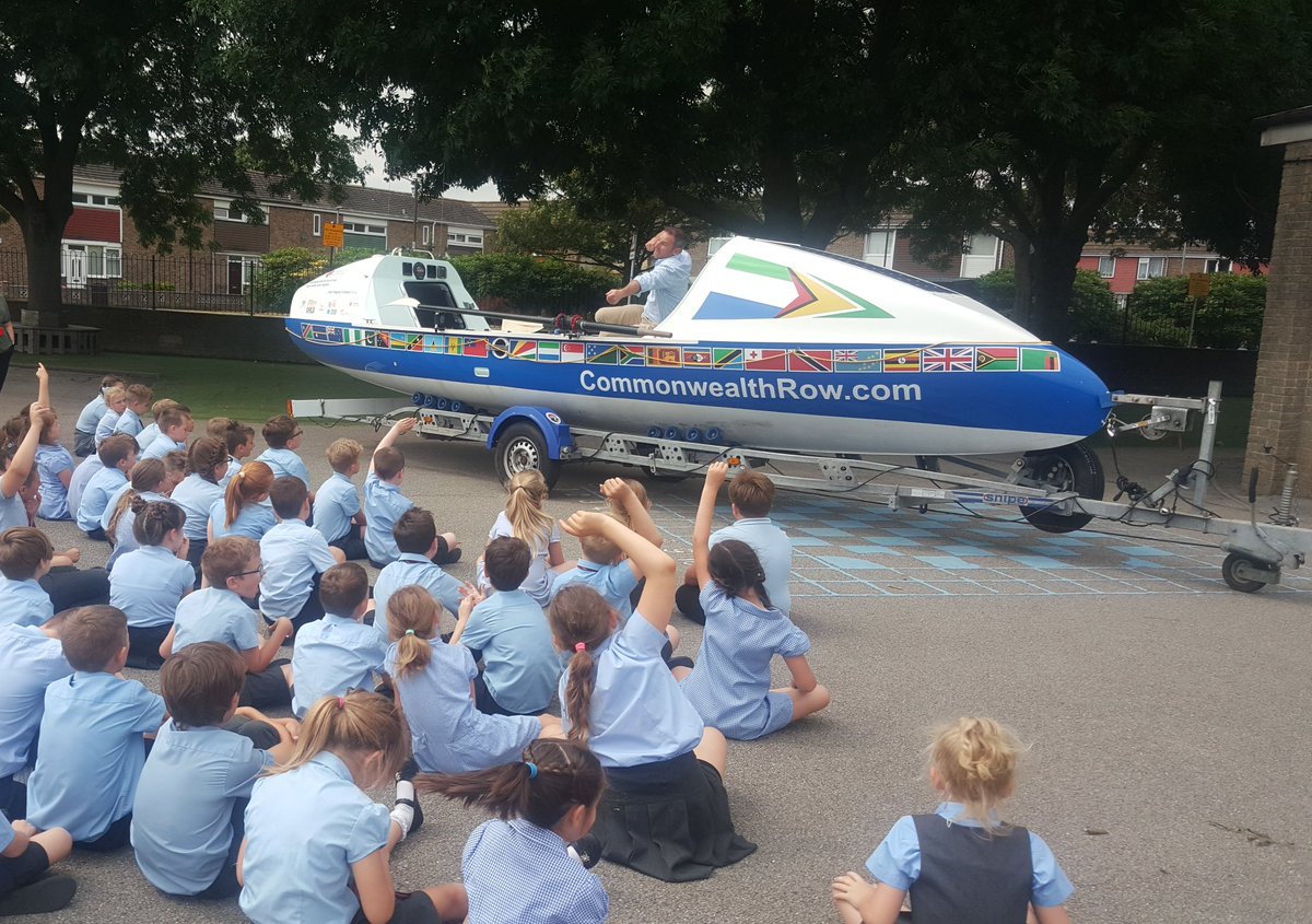 stmaryqueenofm's tweet photo. Today, Richard Allen @CommonwealthRow visited us and brought along his boat, Tamu'kke. He told us all about his solo rowing journey from Freetown to Guyana. The pupils and staff were very impressed as we had followed his journey earlier in the year 🌍 https://t.co/fDF9BrPytj