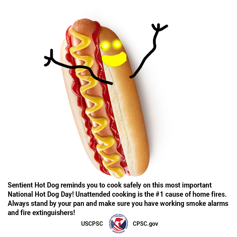 Sentient Hot Dog reminds you to cook safely on this most important national hot dog day! Unattended cooking is the number one cause of home fires so always stand by your pan!