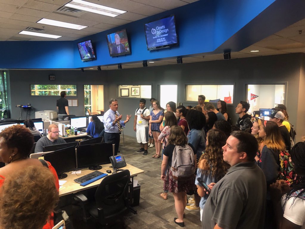 There is more to a news broadcast than weather, so students get a behind the scenes look at the planning area for the stories presented daily.
