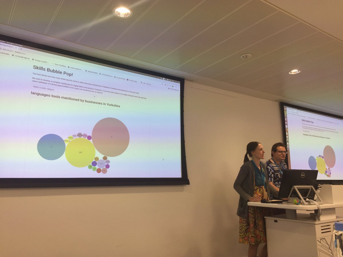 HanCJames's tweet photo. ⁦⁦@LeedsTrinity team’s⁩ Skills Bubble Pop! shows live data on which skills Yorkshire tech companies are talking about, linked to training opportunities in the area. Giles from ⁦@ODILeeds⁩ has added an apprenticeship explorer. #HackForImpact #SixCapitals https://t.co/MeLWXjhnBb