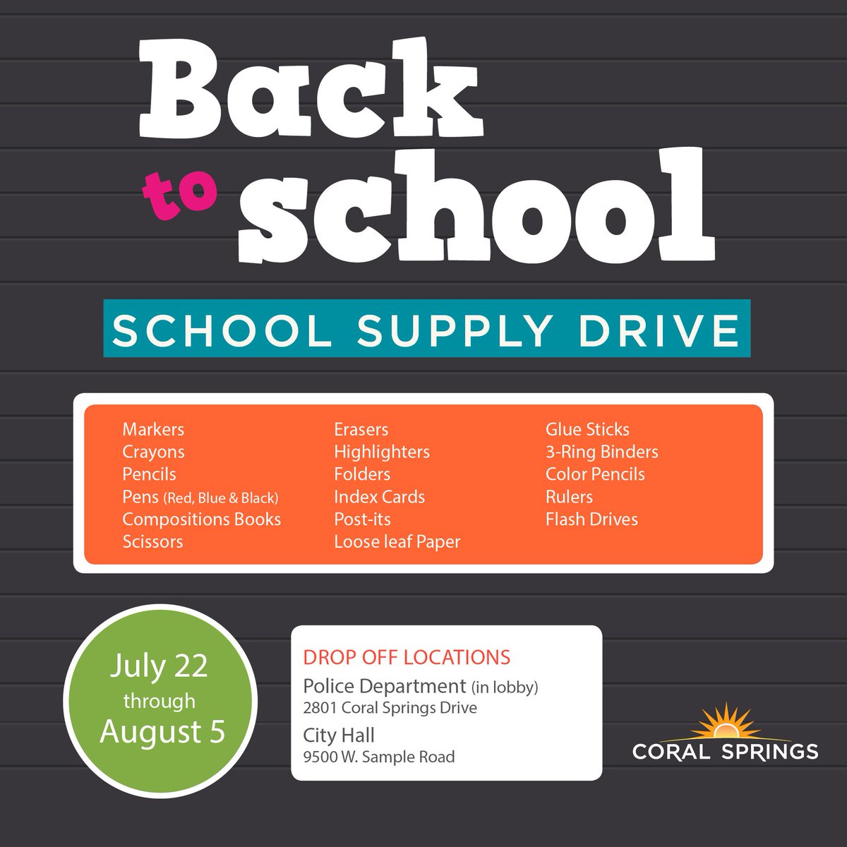 Starting next week, Volunteer Services will be hosting a school supply drive! Stop by City Hall July 22 through August 5 to drop off your donations. 🖍️📚