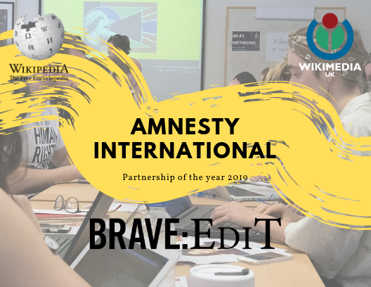 wikimediauk's tweet photo. Our Partnership of the Year went to @amnesty and @AmnestyUK for their collaboration with us on their BRAVE:Edit event. https://t.co/lTNMVyMtfN
