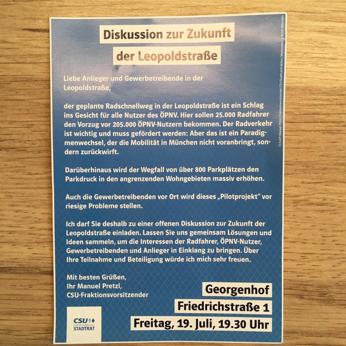 2TonnenBlech's tweet image. Liebe Münchner Fahrrad-Bubble. Die CSU will über die Situation in der #Leopoldstraße diskutieren. Na, dann tun wir ihr den Gefallen. Freitag im Georgenhof #RadlandJetzt #runtervomradweg #Radlhauptstadt
