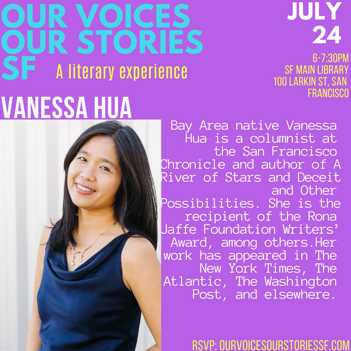 OVOSsf's tweet photo. HEAVY HITTERS: Meet the LIT #womenwritersofcolor who'll be reading their work & talking with host @randomlisasf July 24th at @SFPublicLibrary: #mayasisneros@saracampos@vanessa_hua & @BlancaWrites! Meet us there at 6pm; FREE with RSVP to https://t.co/nWf7BgmefA. https://t.co/lJmkPglYxo