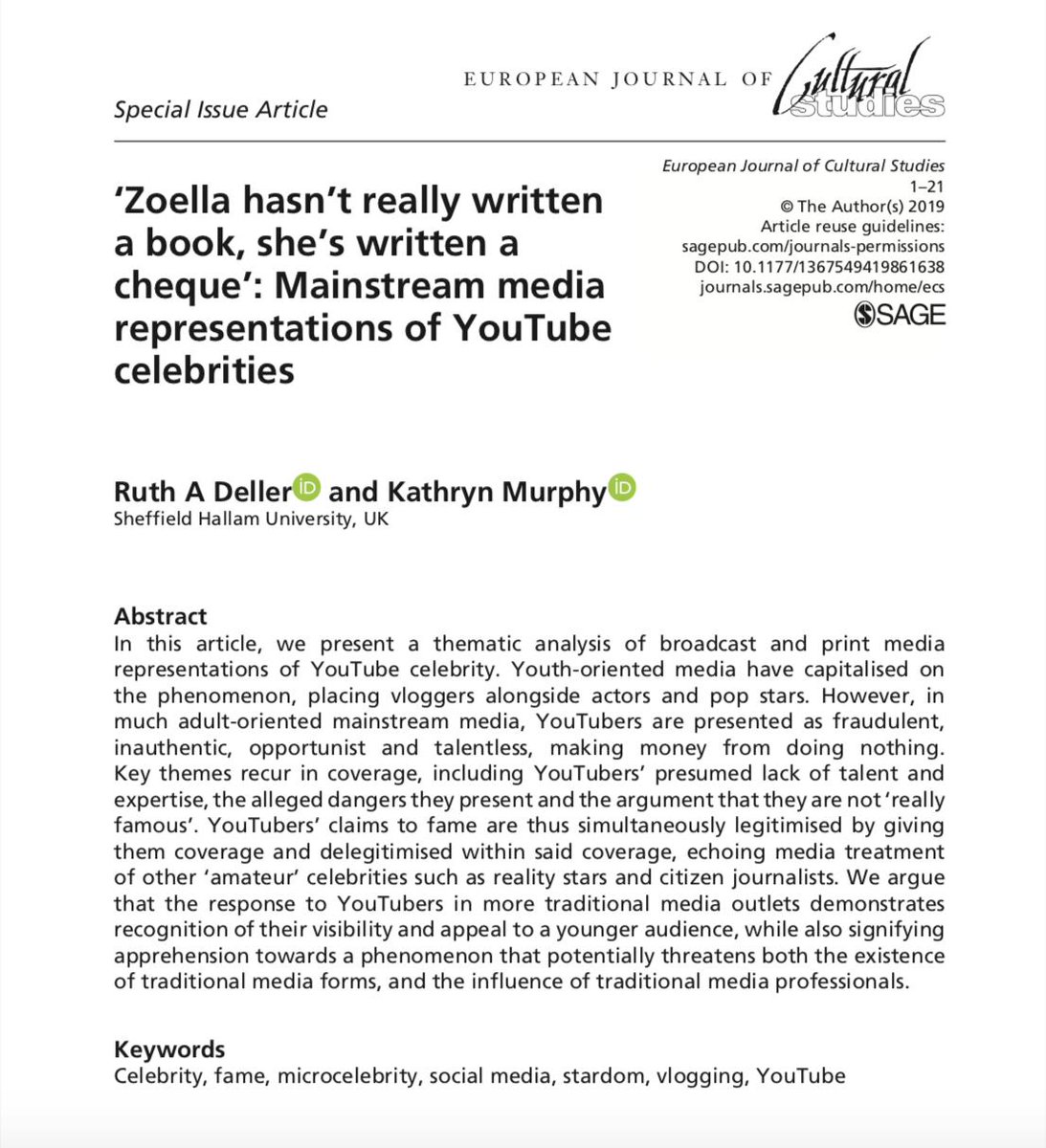 Very pleased to finally have my first piece of academic work published! 🎉 Mine and @RuthDeller's article on mainstream media representations of YouTube celebs is now available online through <a href="/EJCS_Journal/">European Journal of Cultural Studies (EJCS)</a> here if you fancy a read: journals.sagepub.com/doi/10.1177/13…