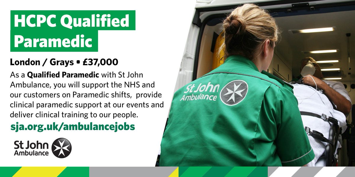 SJA_Jonny's tweet photo. @stjohnambulance are on the hunt for 4x HCPC Qualified Paramedics to join our team in Grays.

Interested in hearing more about our Job Plan and how we can offer a more varied paramedic role? Get in touch - jonathan.ladd@sja.org.uk

@sjaaops 
#paramedic #jobs #sjajobs #recruitment https://t.co/n1KBCNJmL5