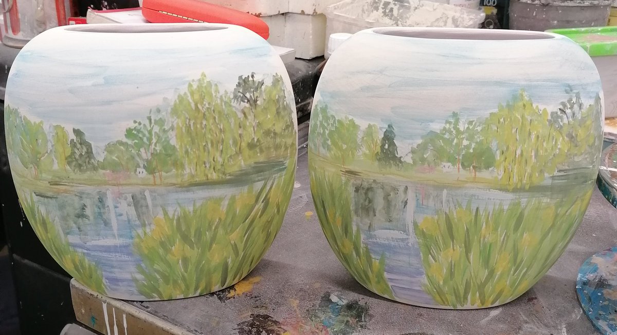 #SMEUK #StokeonTrent #VisitStaffordshire #VisitEngland #visitanitaharris #handpainted #ceramics #pottery  we are known for our fab vibrant glazes but we turn our hand to anything this commission is for pair of vases 1st side is their garden next side their house watch this space