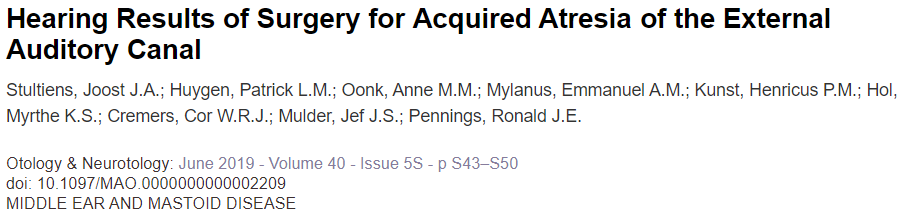 Delighted with the publication of the article "Hearing Results of Surgery for Acquired Atresia of the External Auditory Canal" in <a href="/OandNonline/">Otology&Neurotology</a>! journals.lww.com/otology-neurot… #atresia #otology