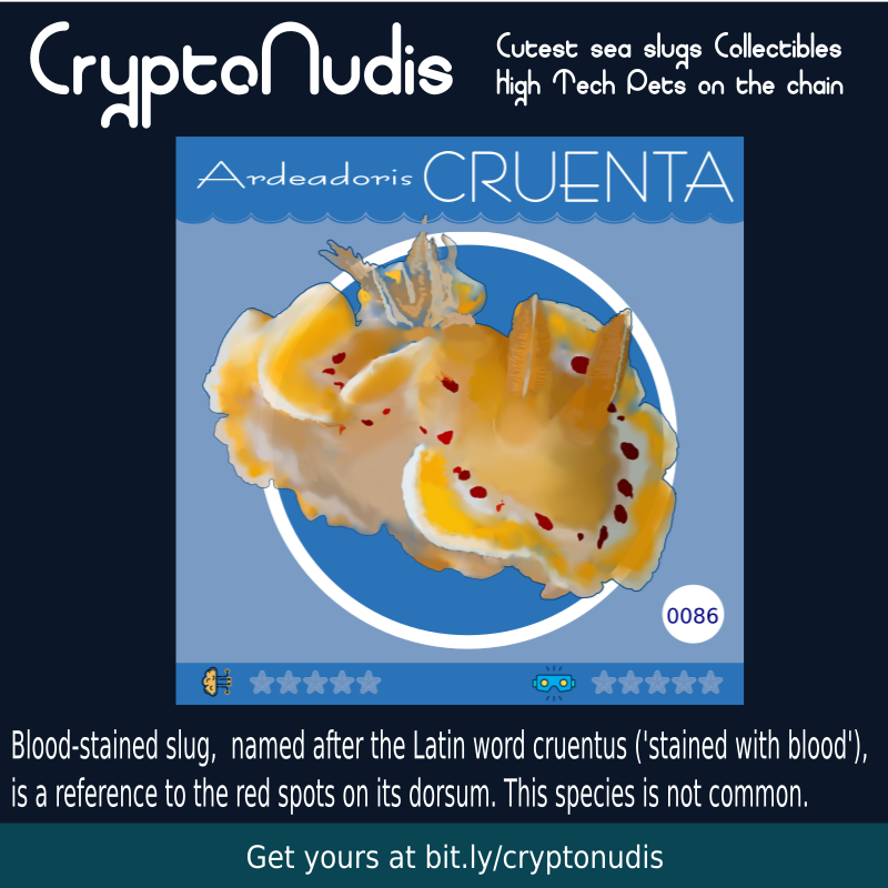 Blood-stained slug,  named after the Latin word cruentus ('stained with blood'), 
is a reference to the red spots on its dorsum. This species is not common. 

check it out: opensea.io/assets/0x48718…