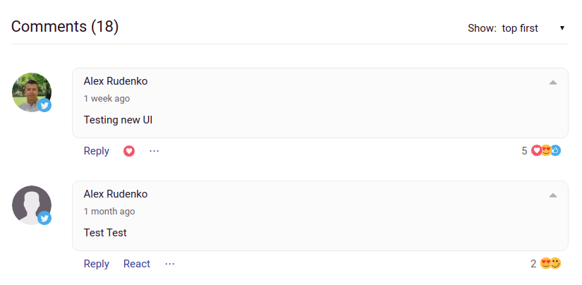 justcommentscom's tweet image. Reactions are almost ready 🎉🎆

- anyone can react to comments
- anyone can sort to see top comments (site owner can set default order)
- only positive reactions except for the sad emoji

What do you think?

#justcomments #emojis #ui #React