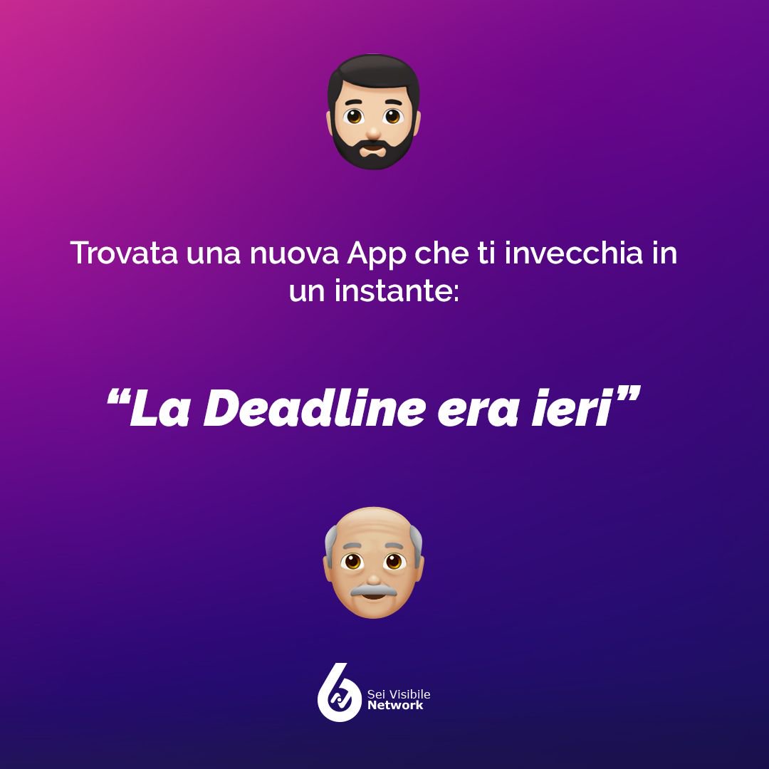 6Visibile's tweet photo. Altro che #FaceApp 😱

Niente ti invecchia come la frase "La scadenza del progetto era ieri" 😉

https://t.co/X6xegiEmIq https://t.co/GMgQEJ7FEH
