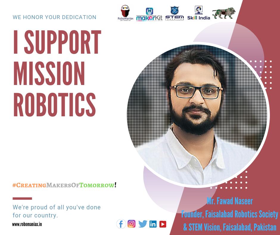 EdutechPvt's tweet photo. RoboManiax Edutech Pvt. Ltd.- REPL. Welcomes Mr. Fawad Naseer, Founder, Faisalabad Robotics Society &amp; STEM Vision, Faisalabad, Pakistan to our Honorary Mentor Team of "I Support Mission Robotics" for #CreatingMakersofTomorrow !

#robomaniax #robotics #for #all #young #minds 🤖 https://t.co/wGed98CzMS