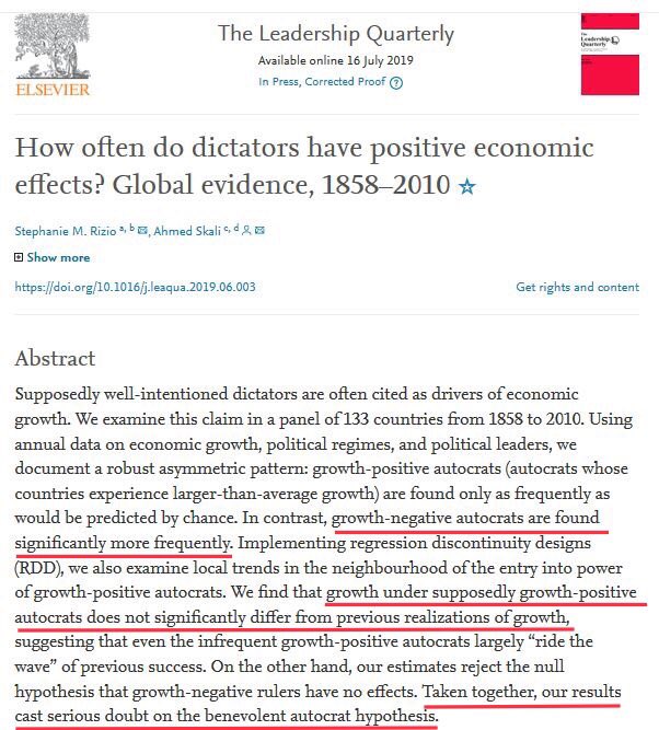 page_eco's tweet photo. Dictators all over the world tell their citizens that they are better with them than with allegedly inefficient democracy.

New study on the effects of dictators (1858-2010) suggests there is no such thing as a good dictator for economic growth.

by @rizste28 &amp; @ahmedskali https://t.co/wymRTGpA4Z