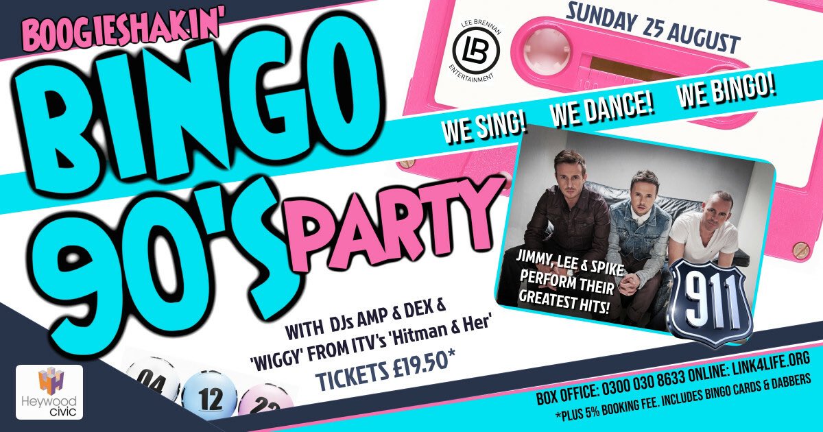 90s Bingo Madness! It's bingo like you've never experienced it before, with a banging 90's DJ Set and even a live performance from #911 of all your favourites. Tickets here: ow.ly/7plH50uOaCE

#Heywood #Rochdale #Manchester #GreaterManchester #Bingo <a href="/Link4Life/">Yuri</a>