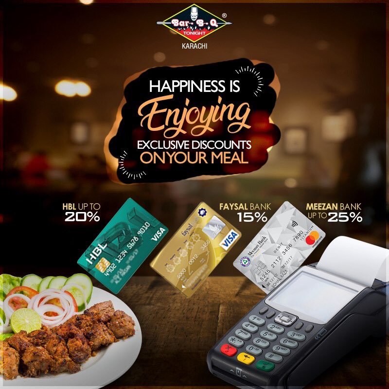 BarBQ_Tonight's tweet photo. Discounts that make you crave Bar.B.Q Tonight even more

#BarBQTonight #Karachi #Food #Restaurant #CreditCardDiscounts https://t.co/R7bAONf5EE