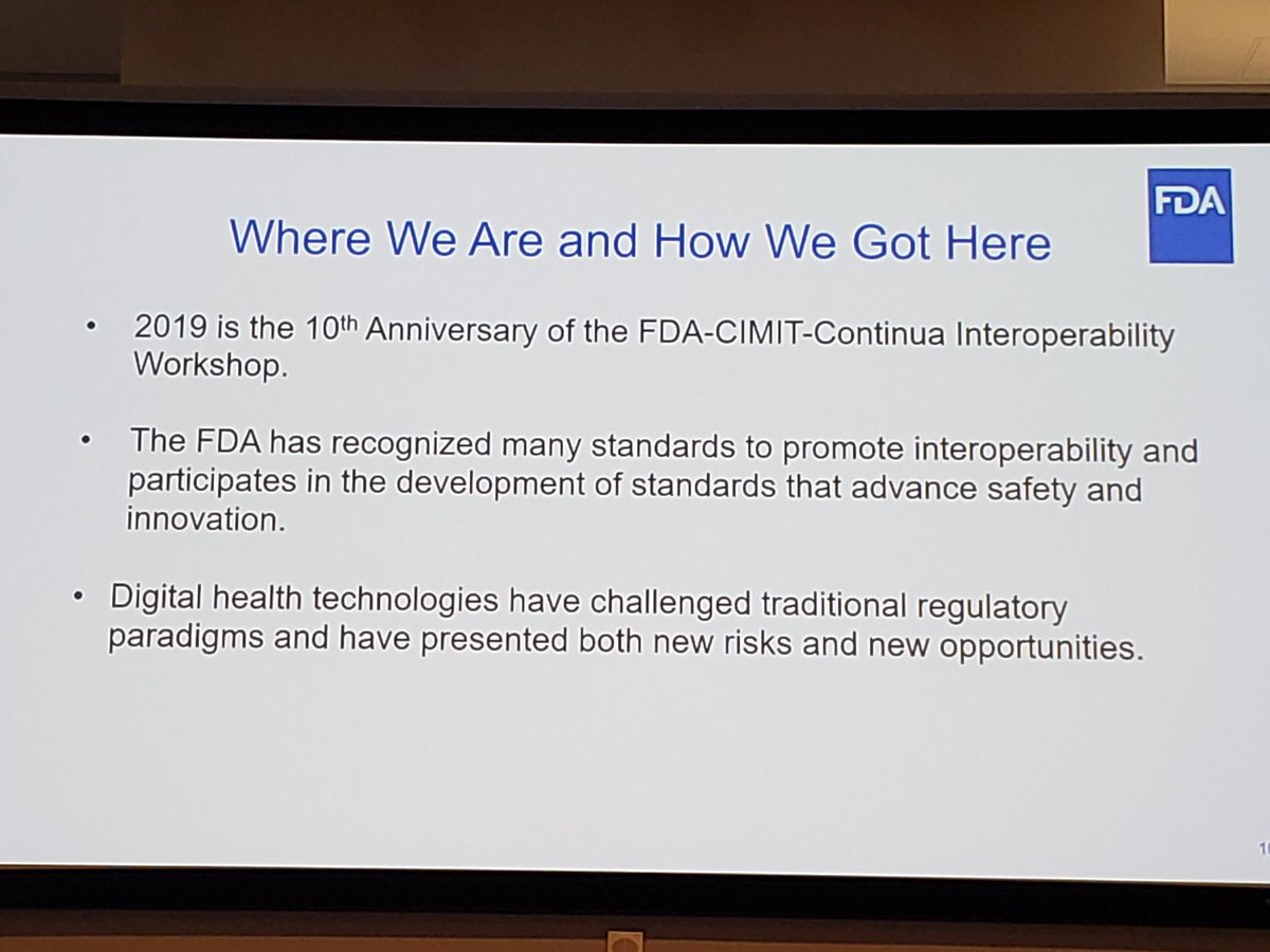 At #FDA listening session on interoperability. Nice shoutout to #Continua being here since the beginning.
