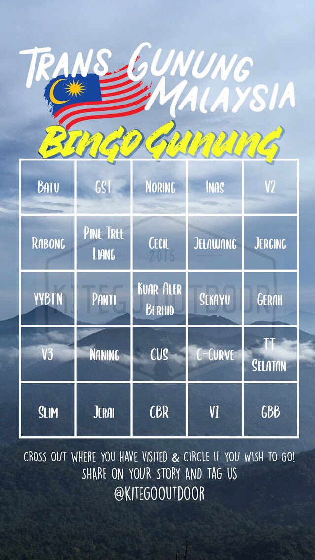 kitegooutdoor's tweet photo. Bingo Trans Gunung Malaysia. 
Haritu kita buat bingo gunung, ini kita up sikit selevel !

Pangkah mana dah pergi, bulat kalau itu trip idaman 😎✌🏻

@twt_outdoor https://t.co/CAe20VBrbI