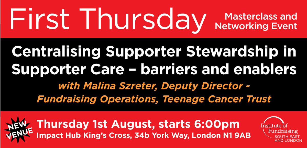 New location for @ioflondon Thursday masterclass! 👇🏽

This month learn how to centralise your supporter stewardship with Teenage Cancer Trust's <a href="/MalinaSzreter/">Malina</a>. Join here: bit.ly/2JwlGBP_TW #fundraising #fundraiser